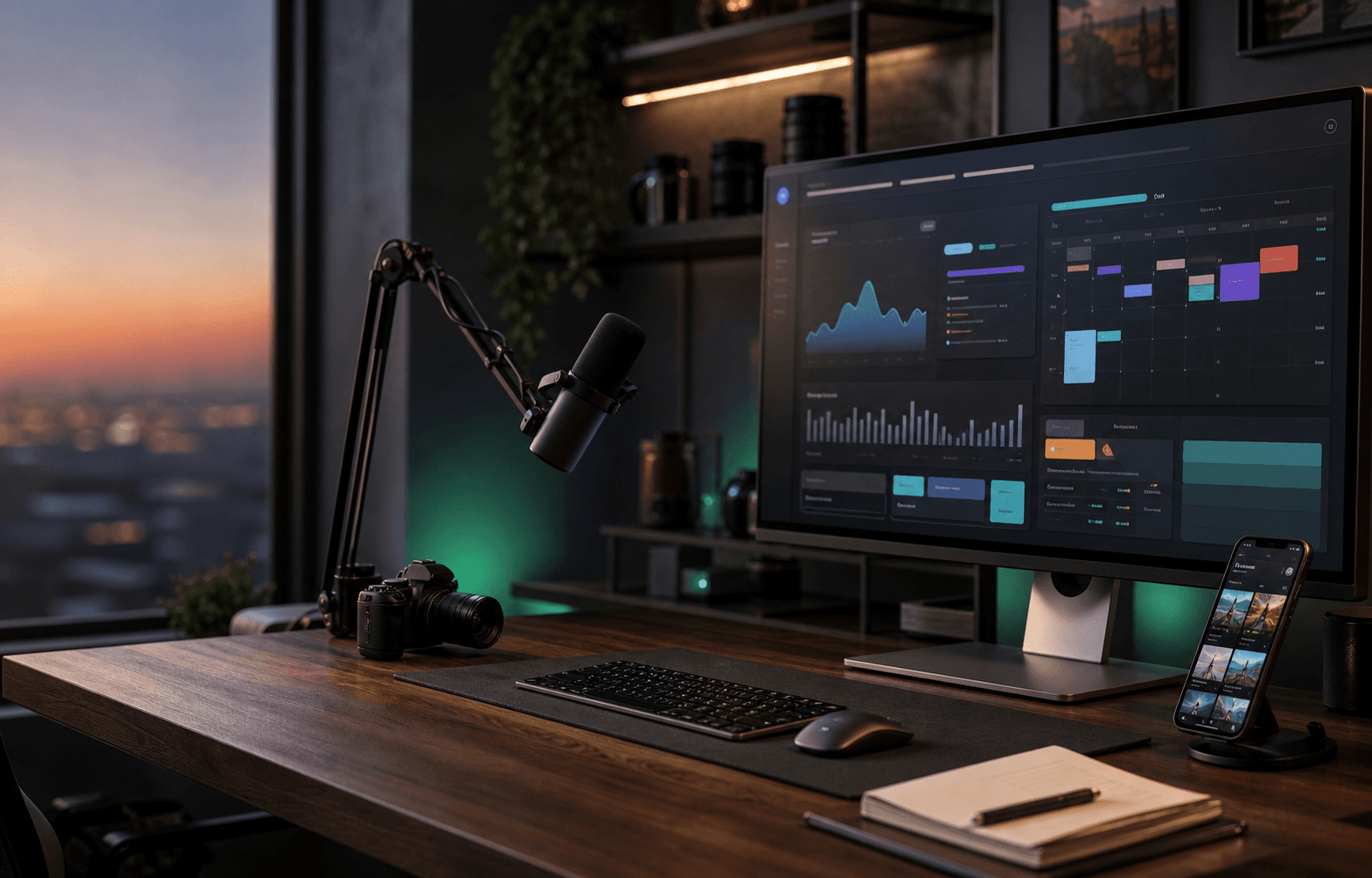 Creator studio desk with analytics, calendar, camera, microphone, and social content screens