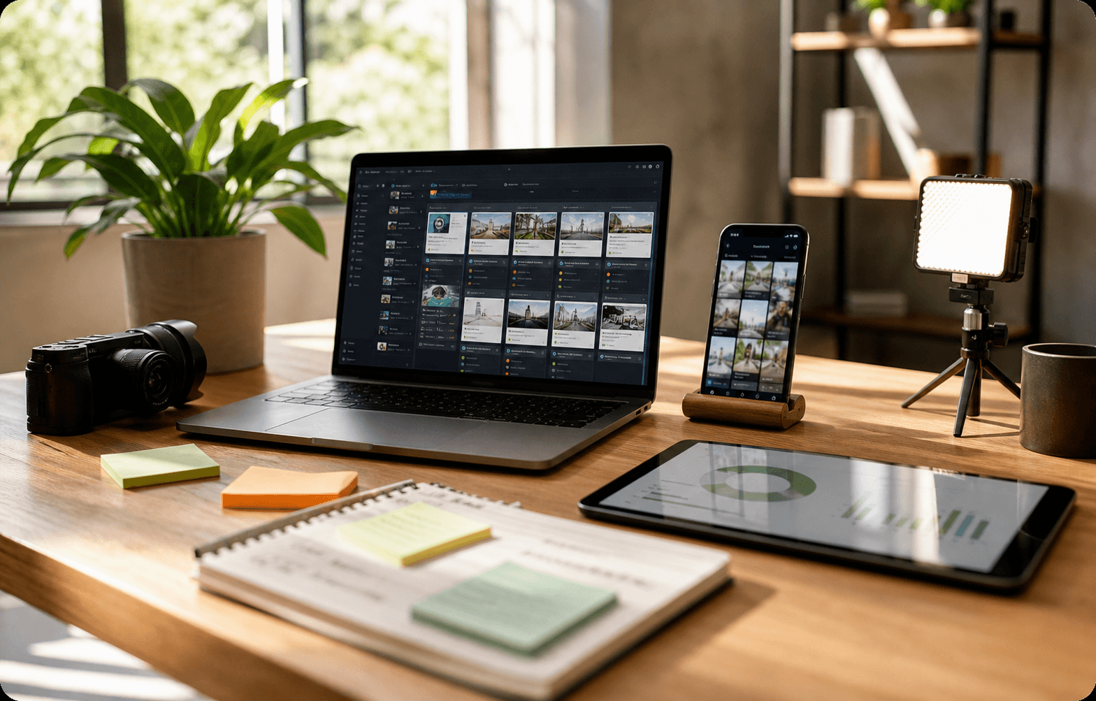 Creator planning table with laptop, phone, camera, lighting, notes, and analytics tablet