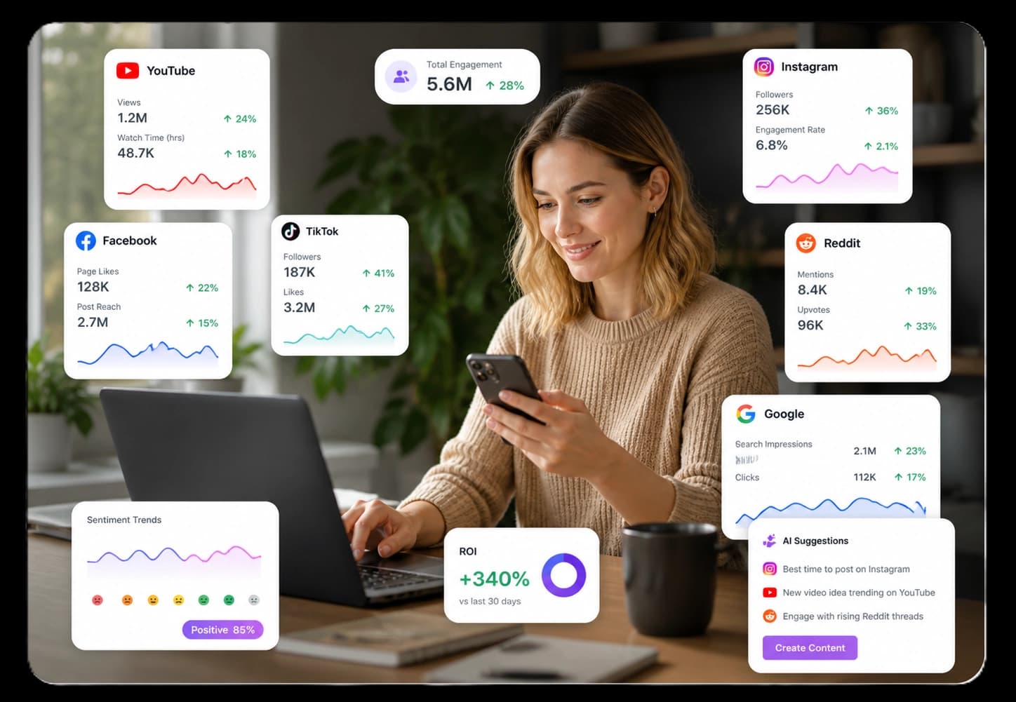 Viral Worx dashboard preview showing cross-channel analytics, AI suggestions, sentiment, and content prompts