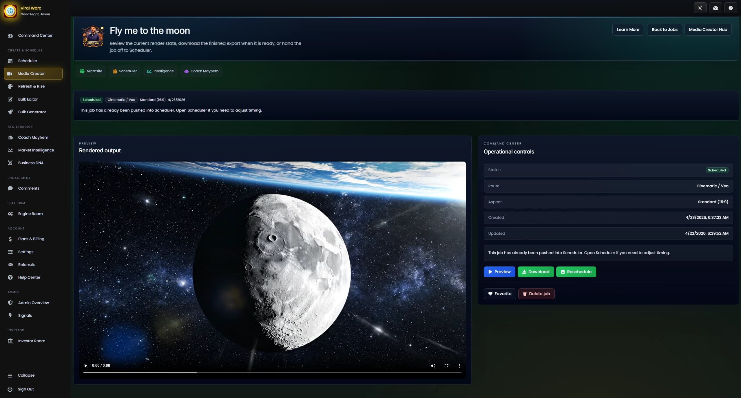 Viral Worx Video Creator screenshot showing a rendered AI video output and operational controls